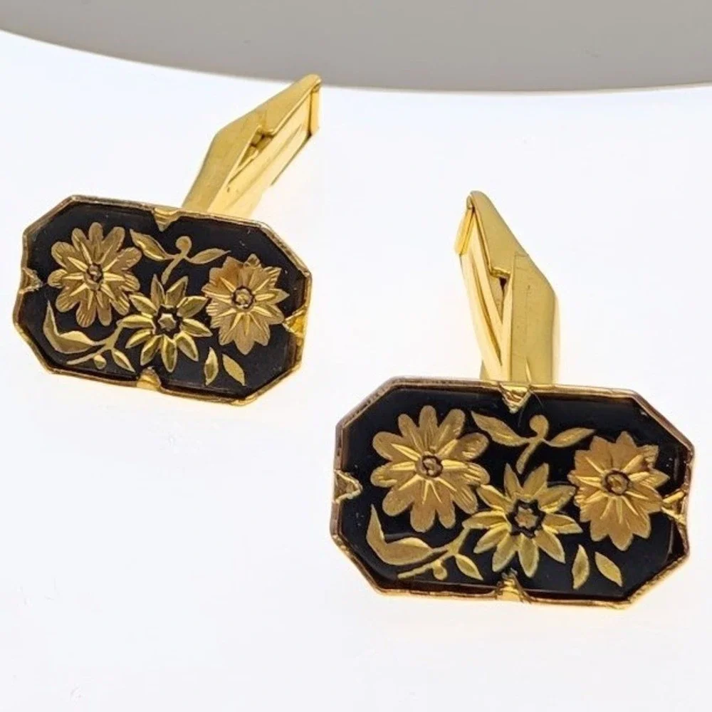 Vintage Damascene Cufflinks Black Gold Tone Floral Botanical